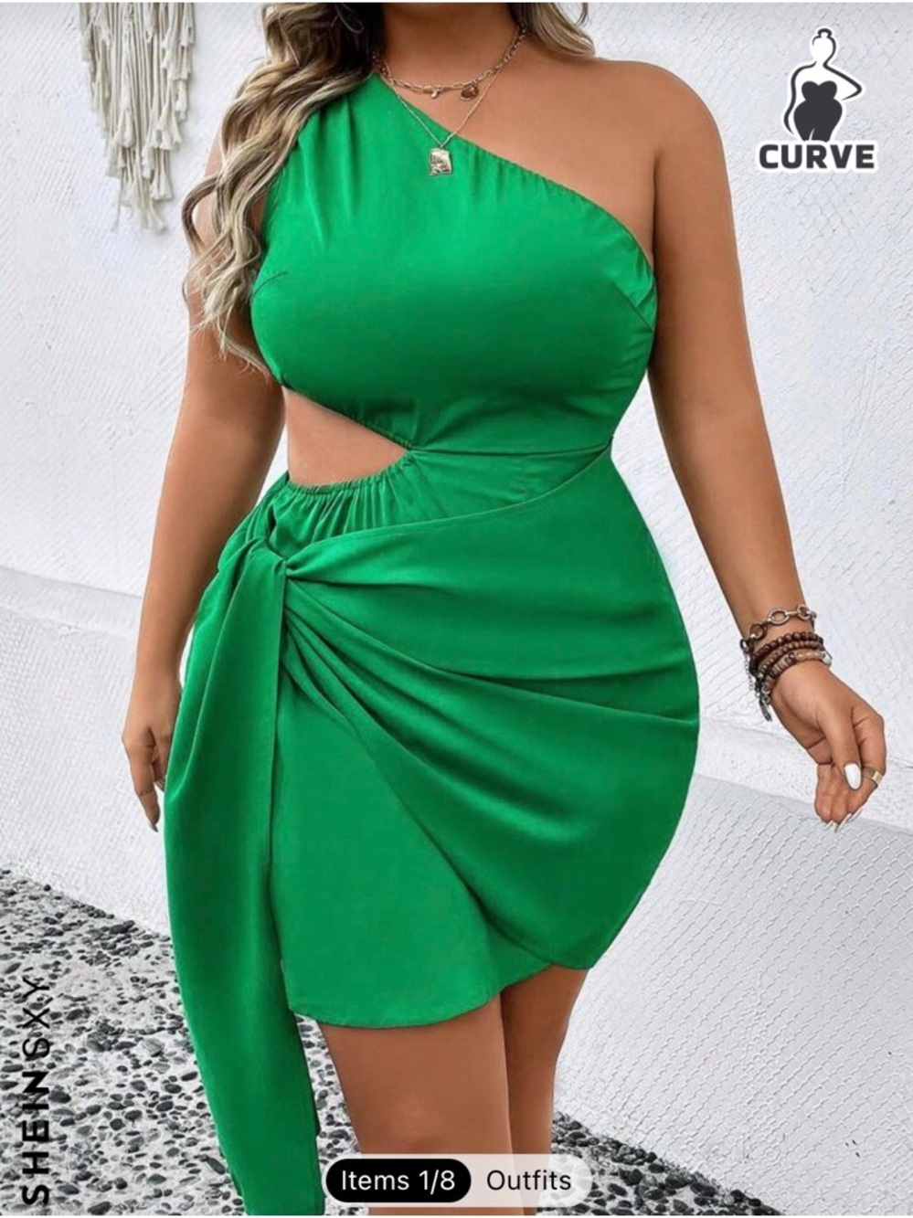 Curve One-Shoulder Green Cutout Satin Dress